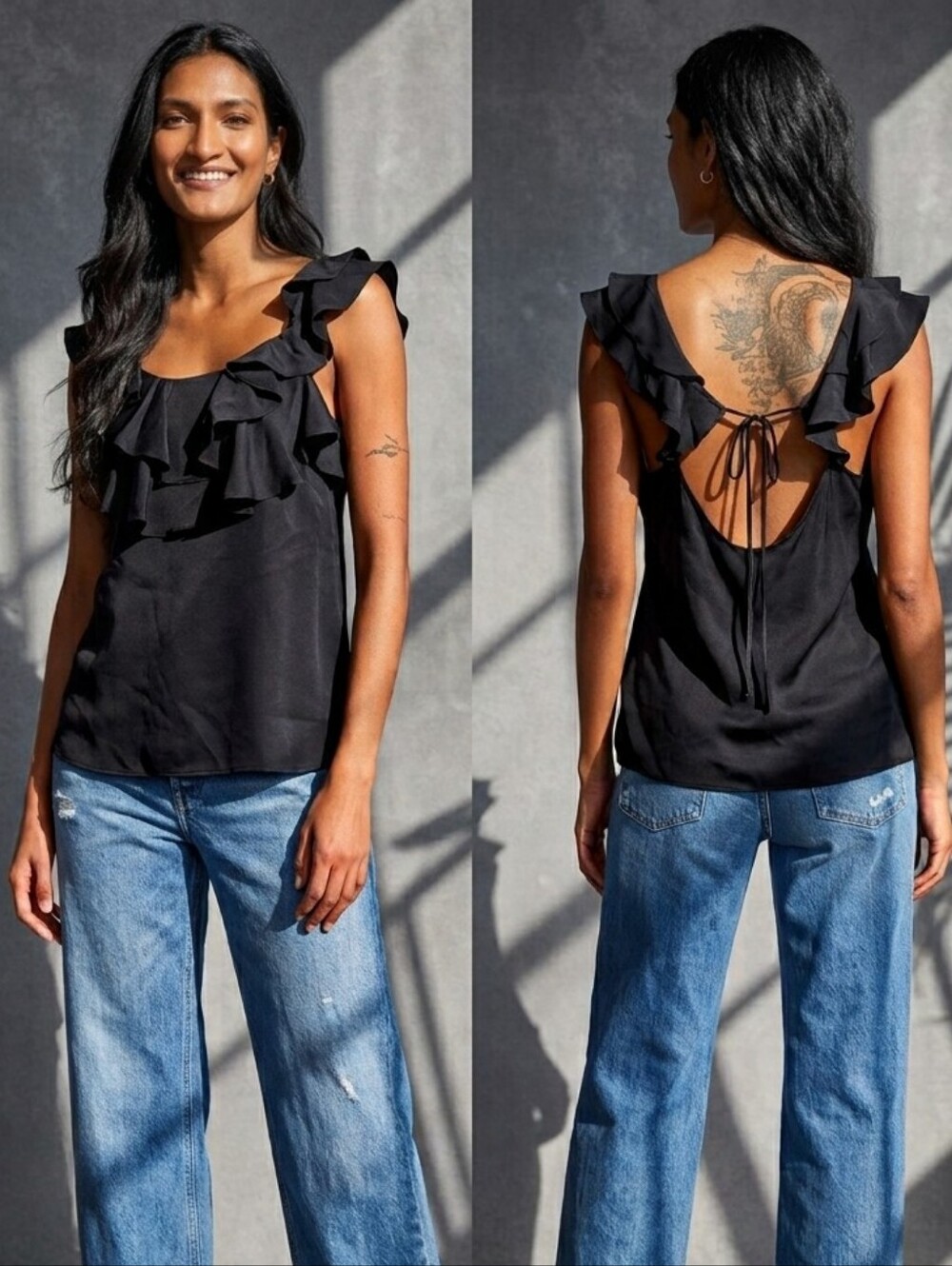 Club Monaco Silk Ruffle Blouse Black Tie Back Boho Whimsigoth Top Large